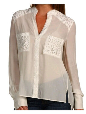 BCBG MAX AZRIA ERICA V Neck Lace Details Cream Silk Blouse-Sz Small